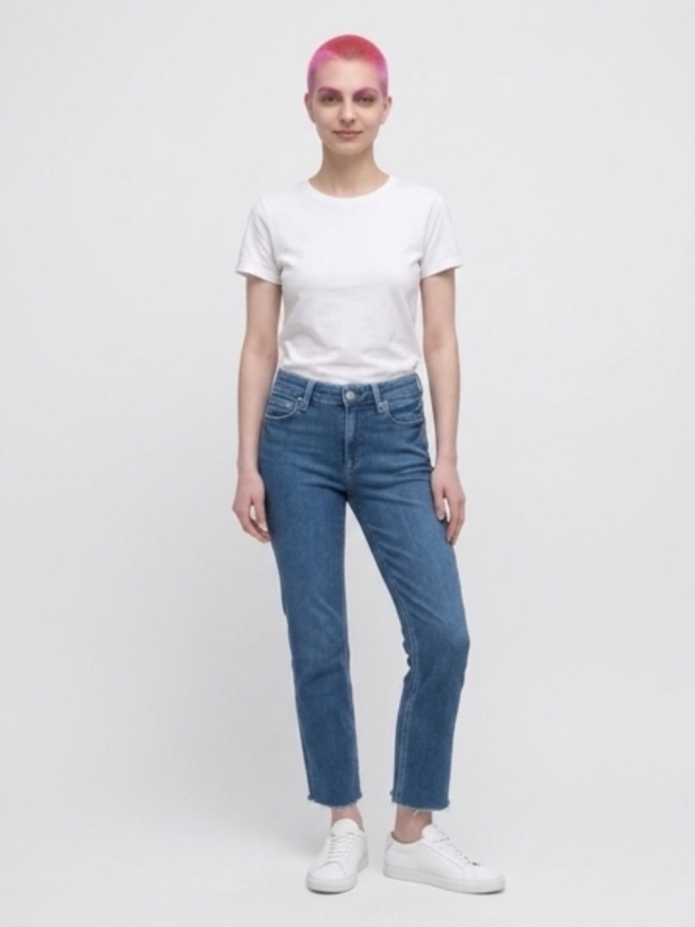 Paige Classic High-Rise Straight Leg Jeans in Medium Blue